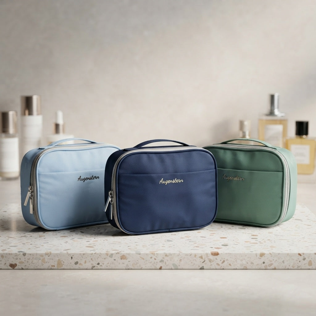 Three zipped travel toiletry bags in light blue, navy, and green.
